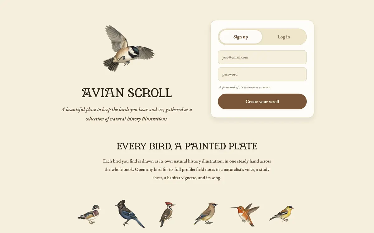 The Avian Scroll home page, with a painted chickadee above the title and a row of painted birds under the heading Every bird, a painted plate.