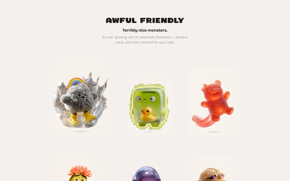 The Awful Friendly home page, with three glossy monster characters under the title Terribly nice monsters.