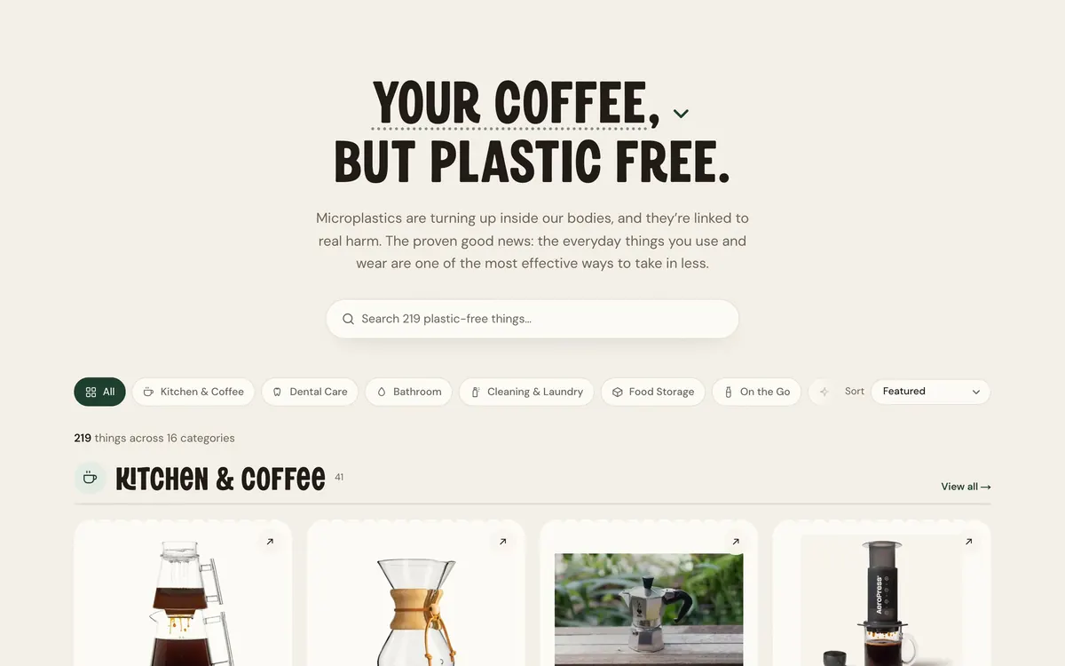The But Plastic Free home page, with the heading Your coffee, but plastic free above a search box and rows of coffee gear.