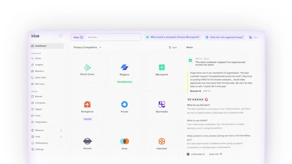 Built from Nectar components, the Klue dashboard sets competitor cards and a news feed beside its navigation panel.