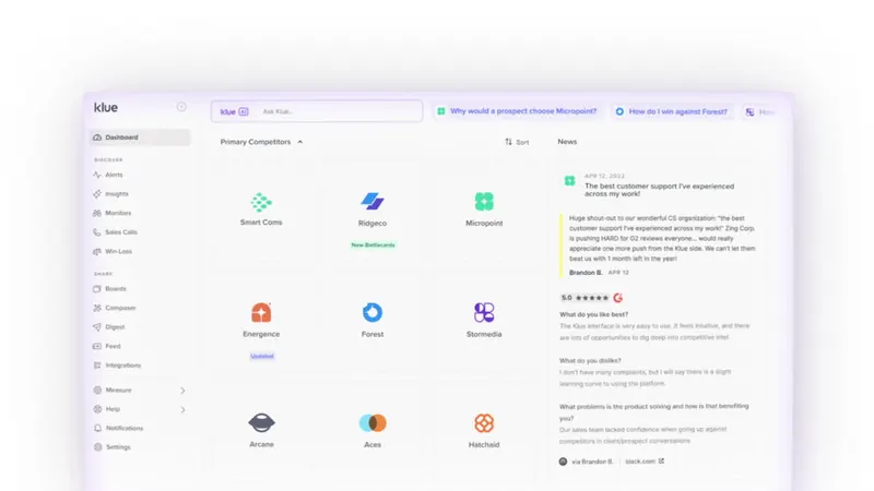 Klue’s dashboard has the navigation on the left, an Ask Klue search bar, a grid of competitor cards and a news panel.