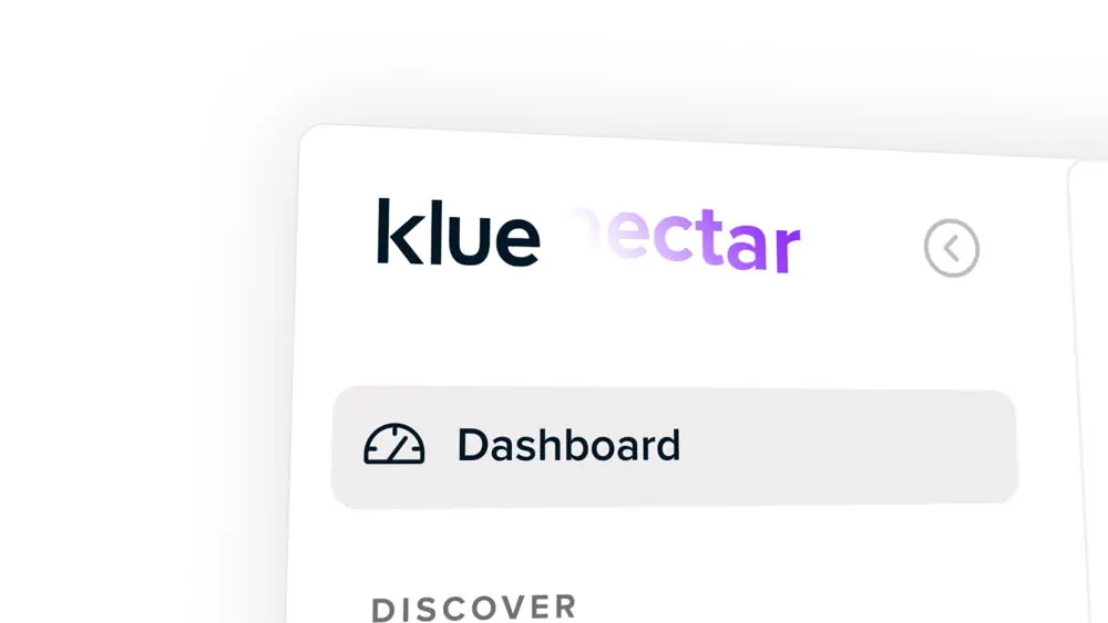 Up close, Klue’s navigation panel shows the Dashboard item selected under the Discover heading.