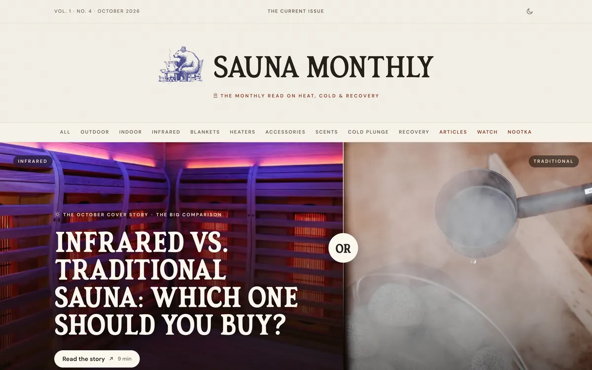 The Sauna Monthly home page, with its masthead above a cover story comparing infrared and traditional saunas.