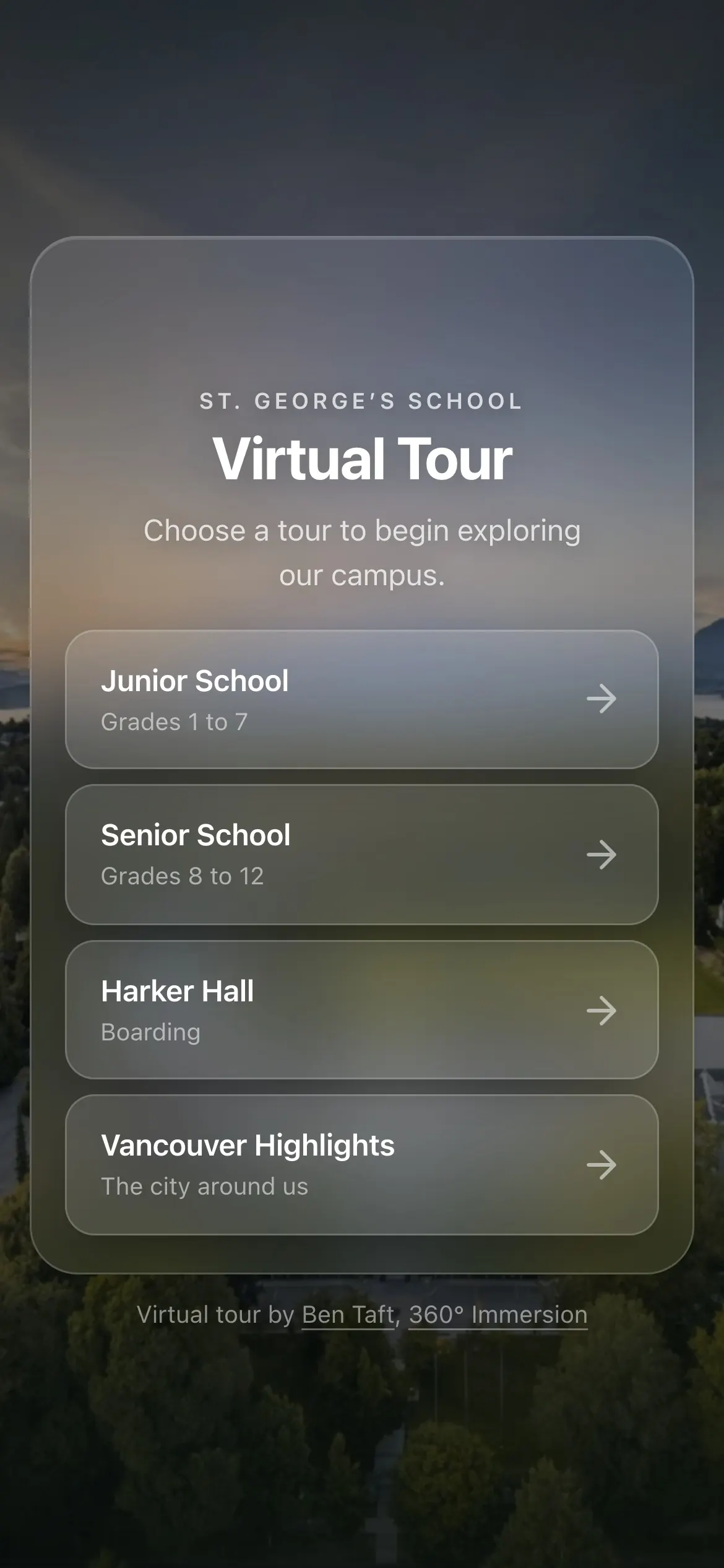 On a phone, the same landing page stacks the four tours in a column.