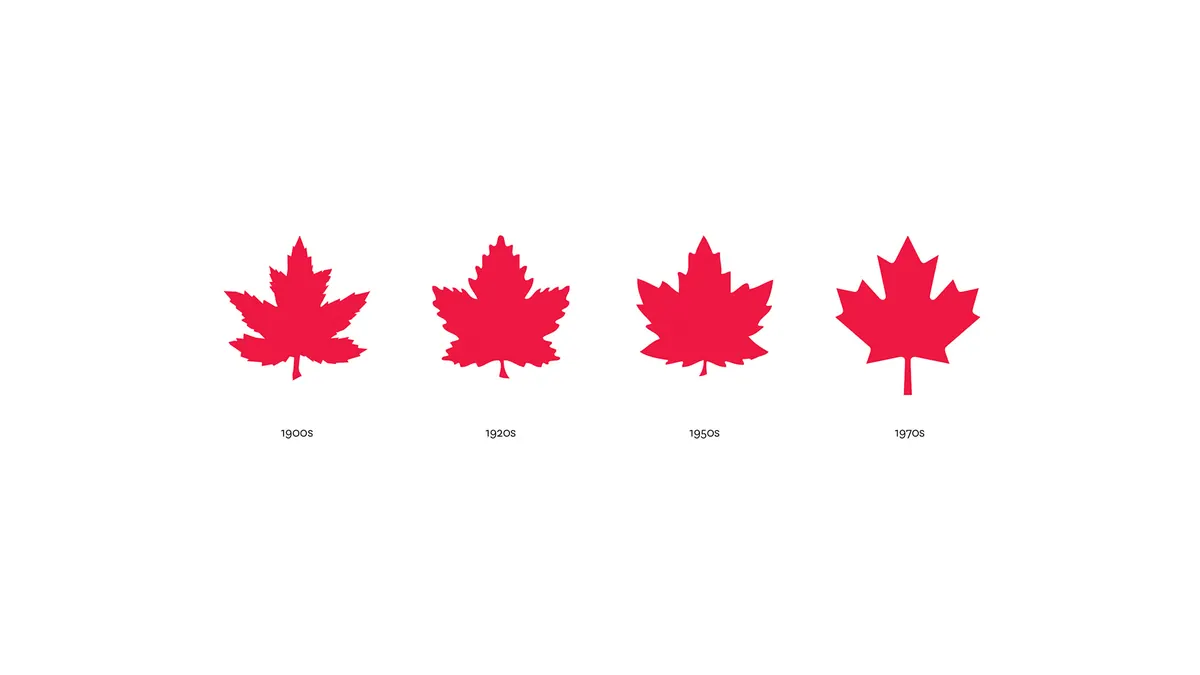 Four red maple leaves in a row, each labelled with the decade the Team used it, from the 1900s to the 1970s.