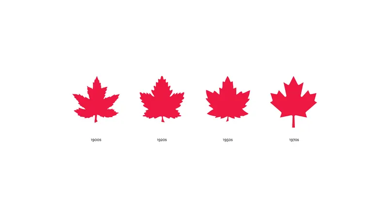 Four red maple leaves in a row, each labelled with the decade the Team used it, from the 1900s to the 1970s.