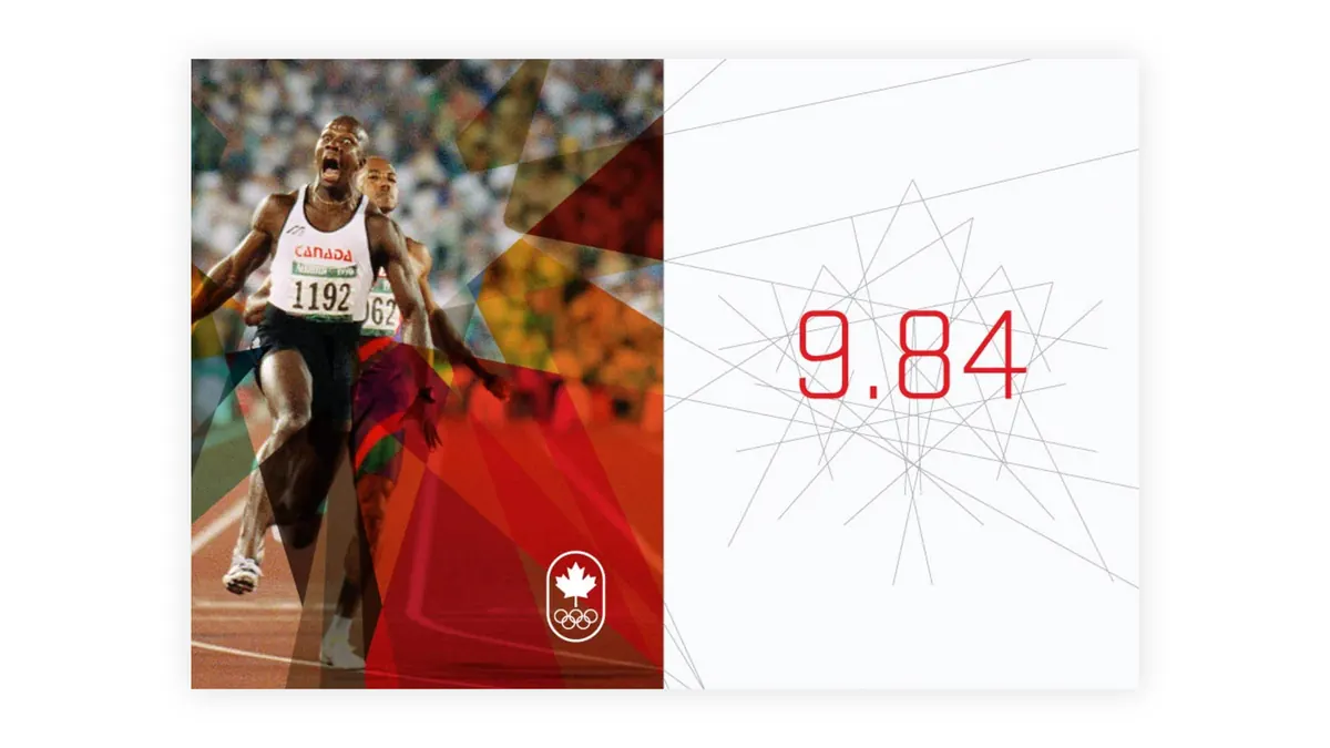 A poster pairs a photograph of Donovan Bailey crossing the line in Atlanta with his time, 9.84, drawn in thin red lines.