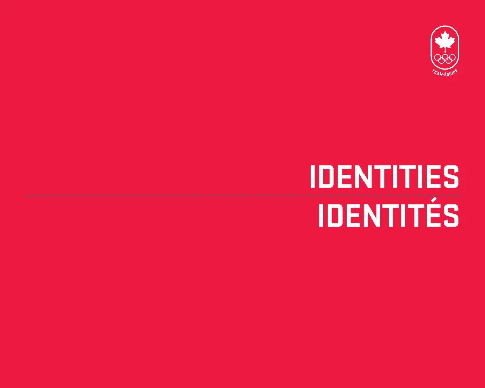 A red guideline page titled Identities in English and French, with the crest in the corner.