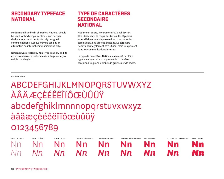A guideline page shows the secondary typeface with its full alphabet, accented letters, numbers and weights in red.