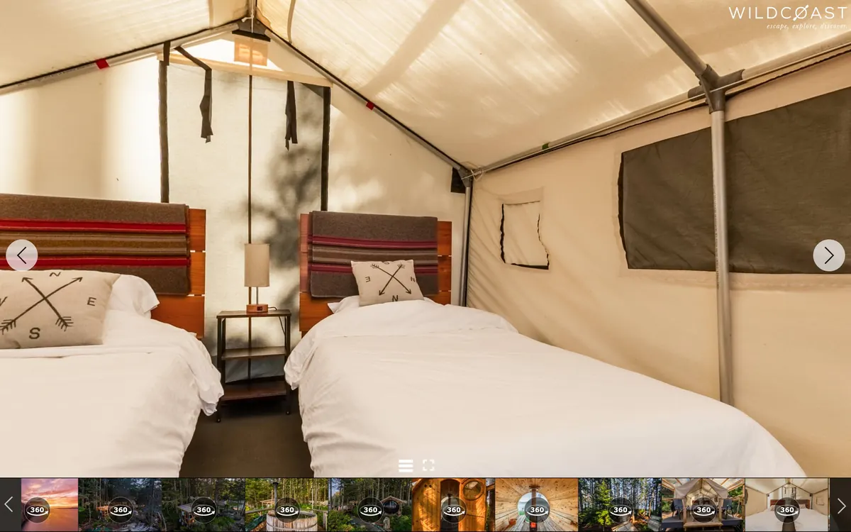On a desktop screen, the 360° tour shows two made beds inside one of Orca Camp’s canvas-walled cabins.