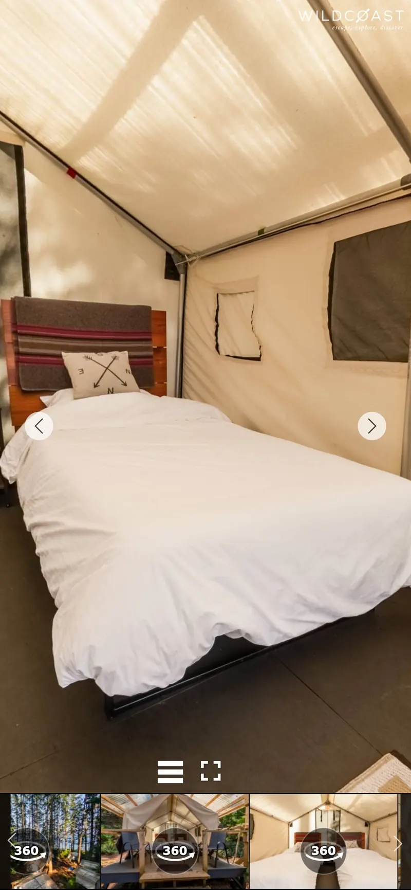 On a phone, the 360° tour shows a made bed inside one of Orca Camp’s canvas-walled cabins.