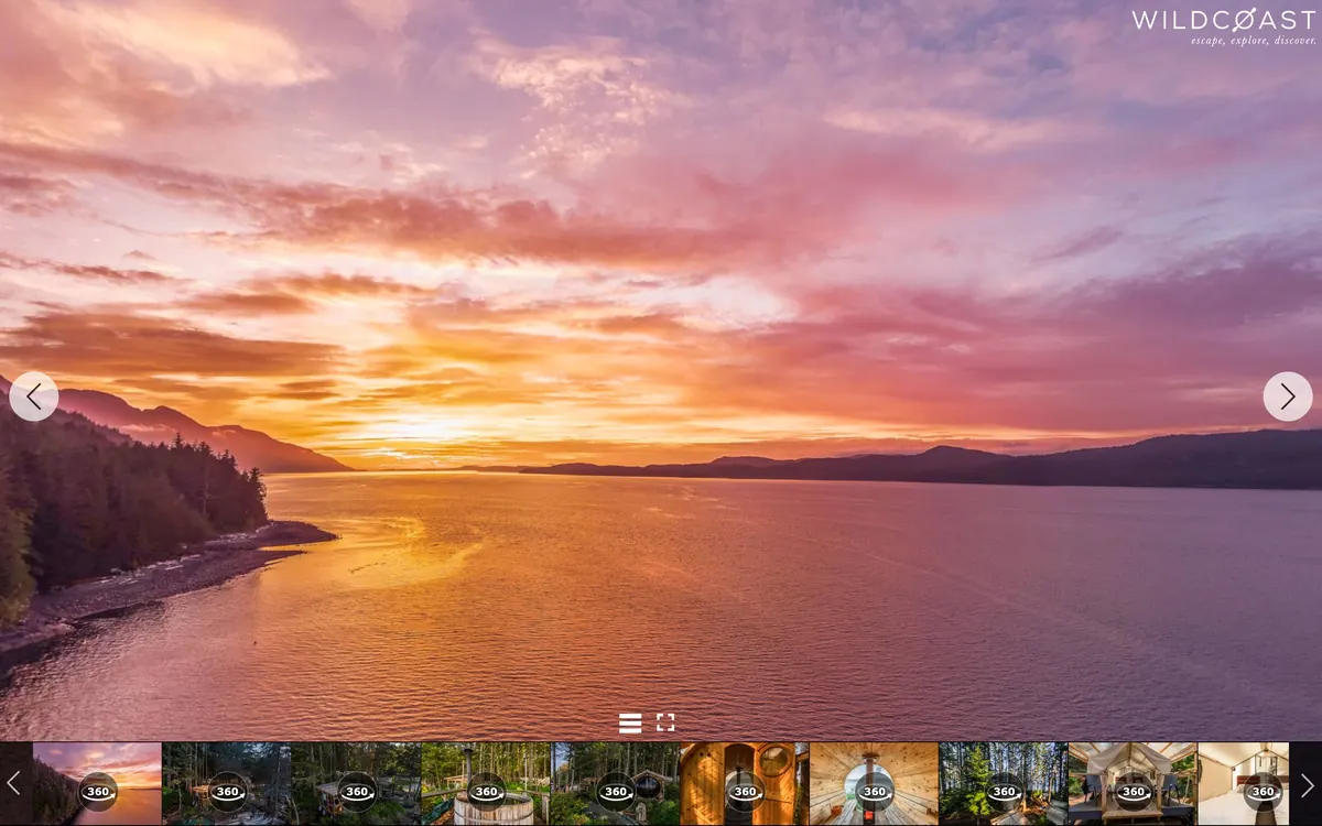 On a desktop screen, the Orca Camp 360° tour opens on a sunset over Johnstone Strait.