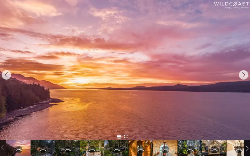 On a desktop screen, the Orca Camp 360° tour opens on a sunset over Johnstone Strait.