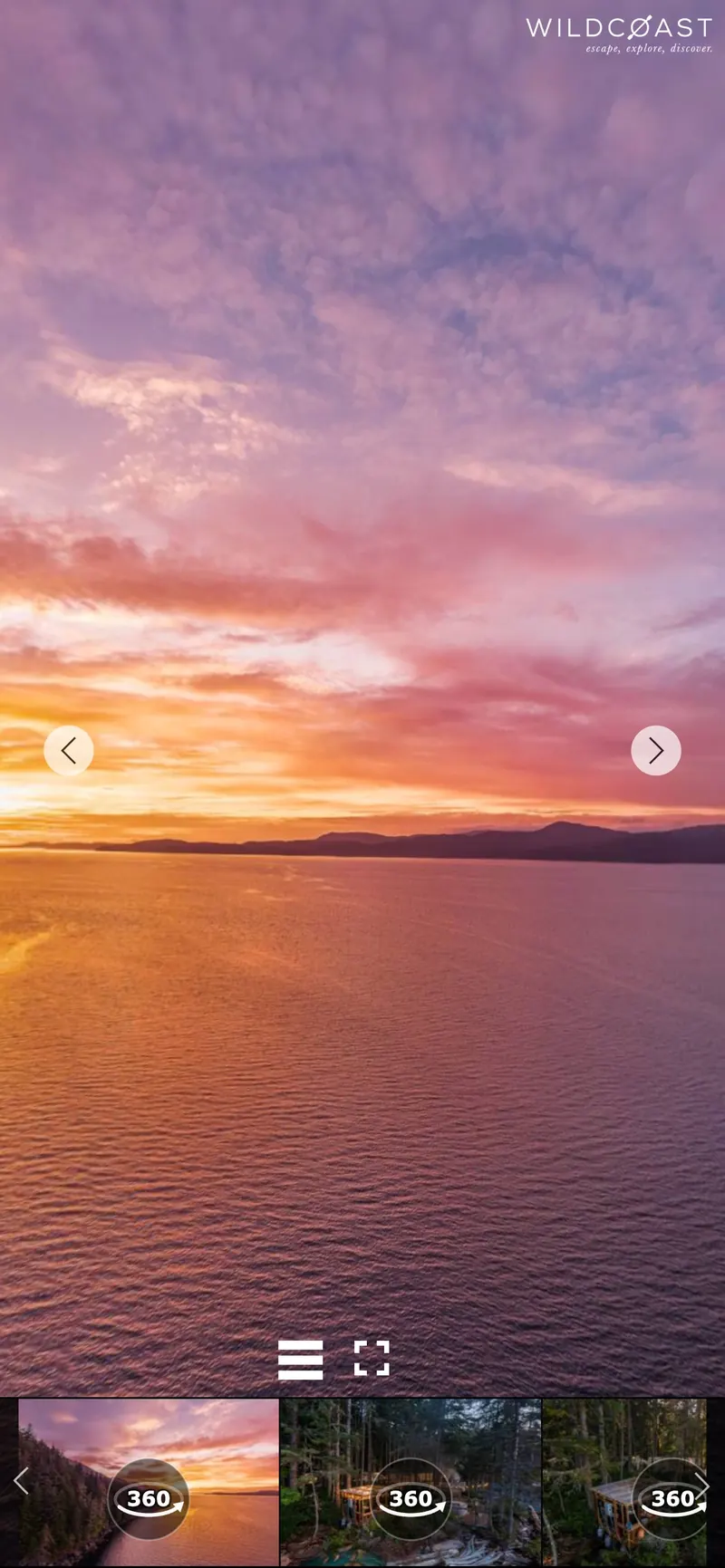 On a phone, the Orca Camp 360° tour opens on a sunset over Johnstone Strait.