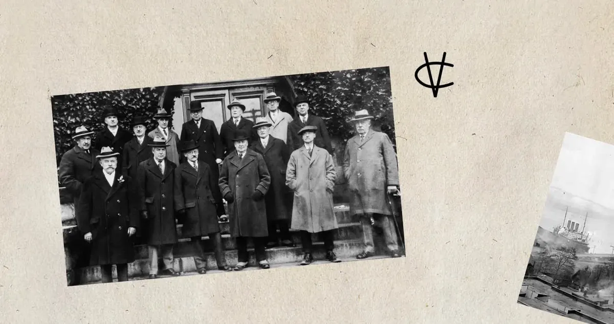 An archival photograph of club members in overcoats and hats on the club’s front steps, laid on textured paper beside the VC monogram.