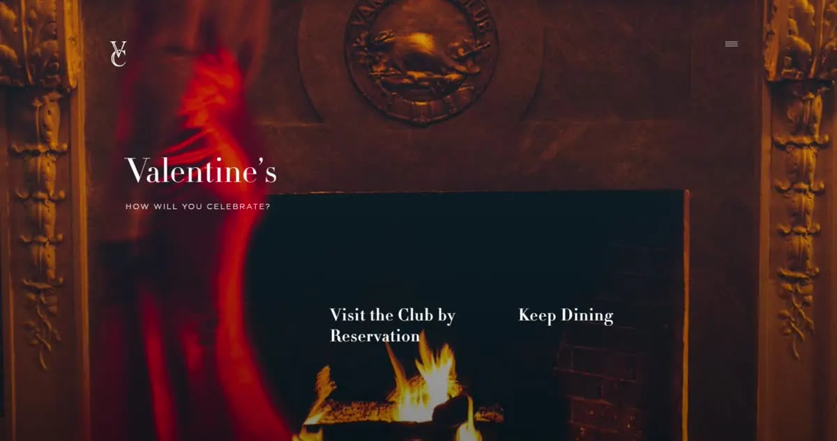 A page from the club’s website with a fireplace photograph behind the heading Valentine’s and links to reserve and to dining.