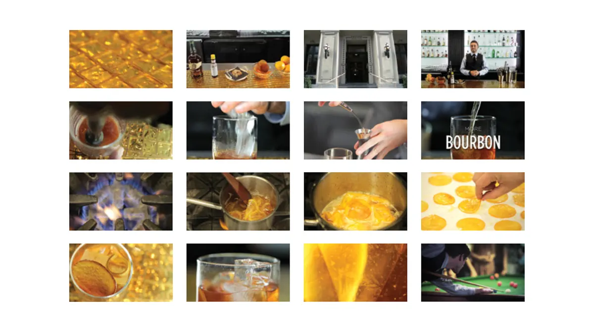 Sixteen stills from a film about the club’s bar, from bottles and citrus peel to a finished bourbon cocktail.